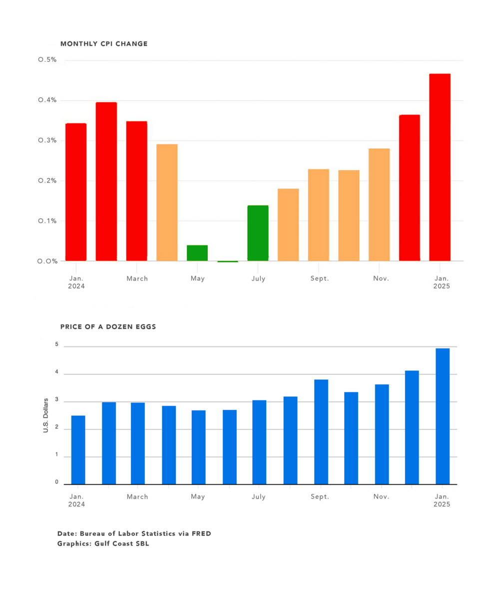 Charts showing Monthly CPI change along with Price of a Dozen eggs - from Jan 2024 through Jan 2025